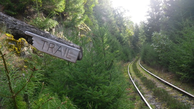 Trail sign from rail line.